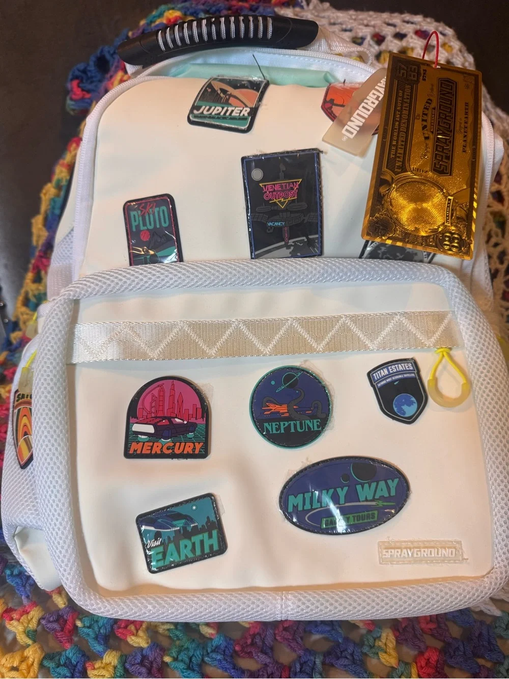 Sprayground White Backpack with Multicolor Planet Patches